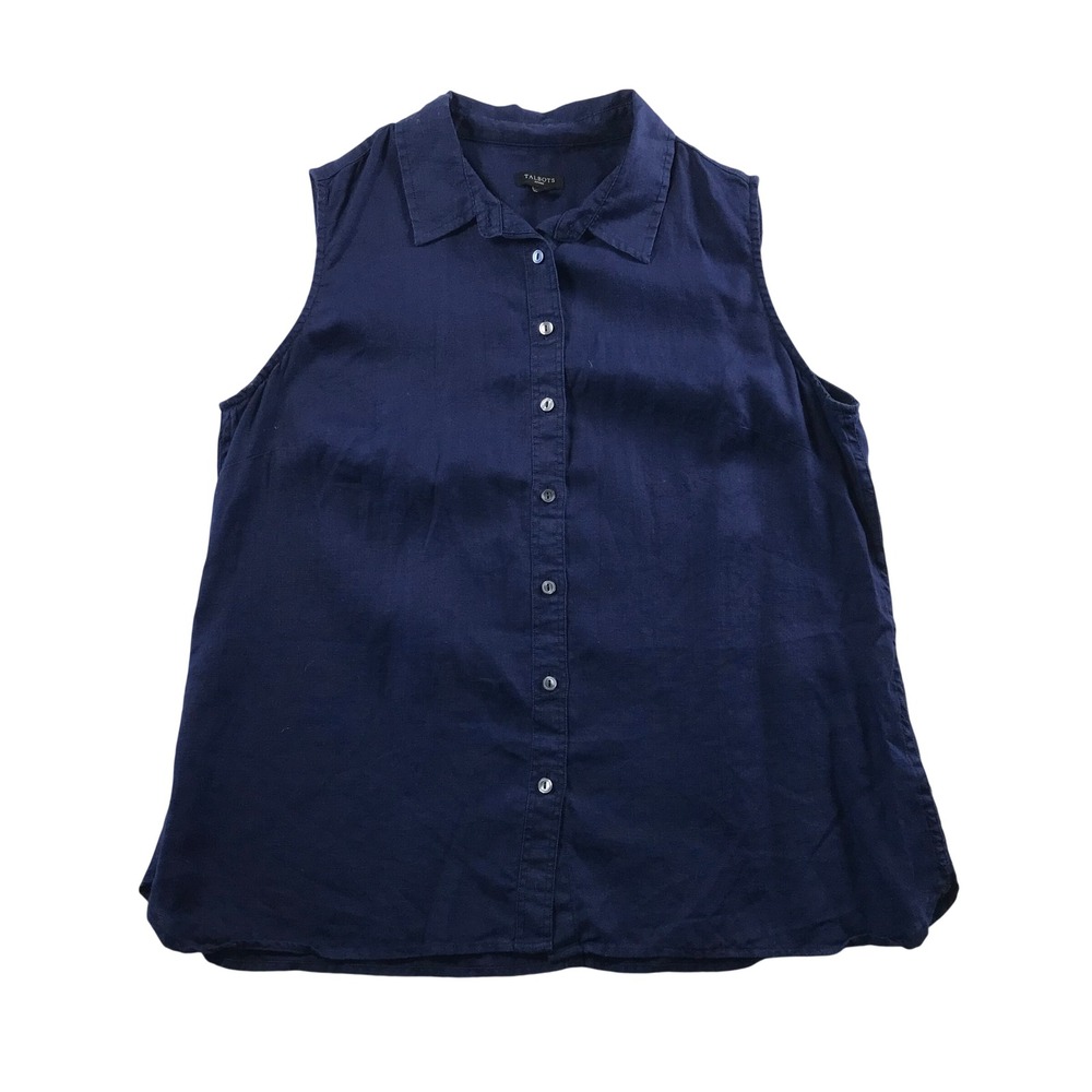 Talbots Petites Navy Blue 100% Linen Sleeveless Button Down Shirt Size LP